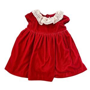 Janie and Jack girls Red velvet holiday dress white lace Christmas 3-6 mo baby